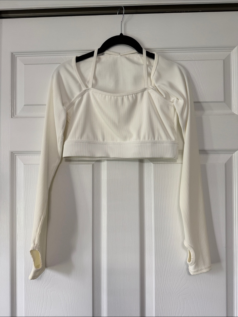 HALARA Cream Ribbed Long Sleeve Cropped Top with Strappy Detail